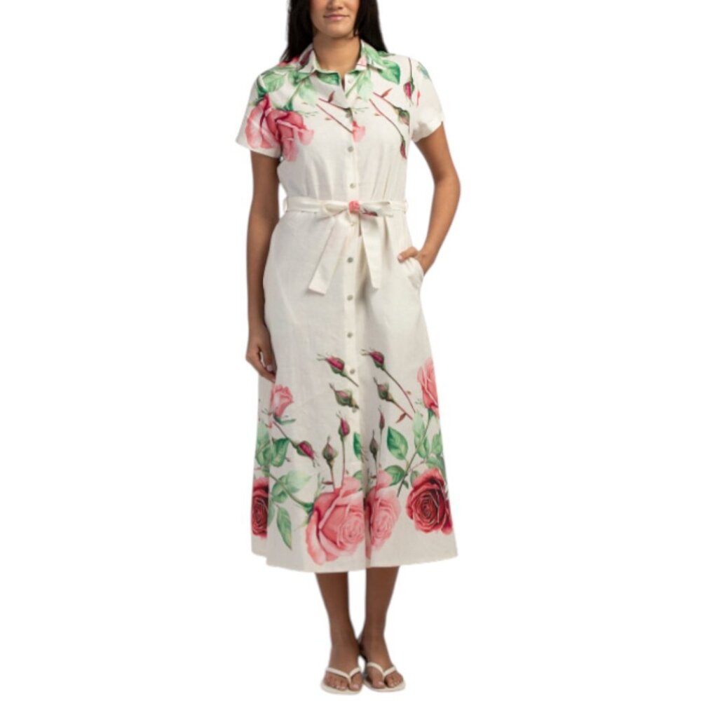SPIGHE DI LINO Made In Italy Linen Blend Short Sleeve Belted Shirt Dress